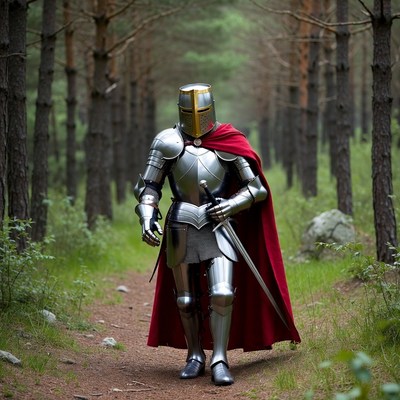 Knight in shining armor walking forest path