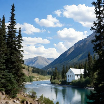 White Cabin by River in Mountains
