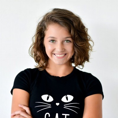 Girl smiling in cat t-shirt
