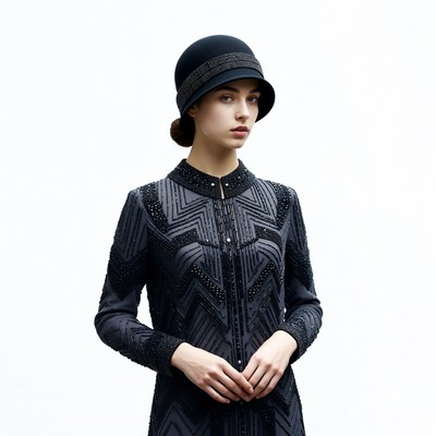 Woman in black cloche hat and beaded dress