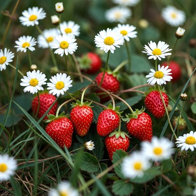 Strawberries with Daisies in Grass