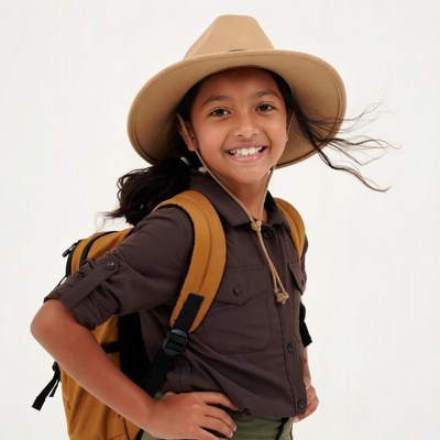 Asian girl in explorer hat and backpack