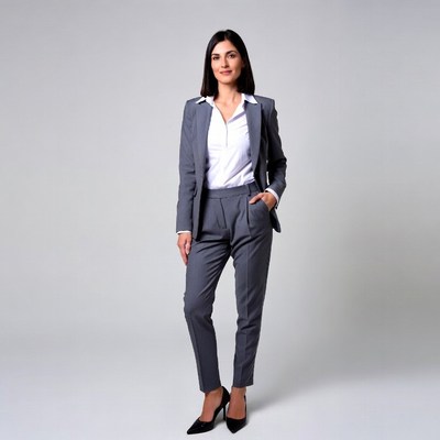 Woman in gray suit standing confidently