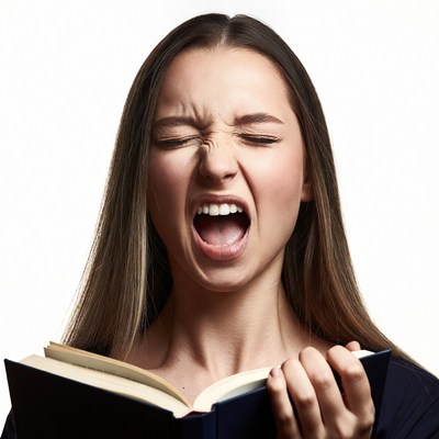 Young woman screaming while reading book