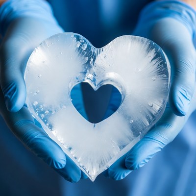 Gloved hands holding ice heart