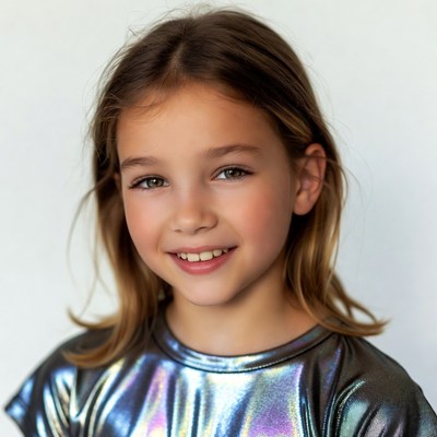 Smiling girl in shiny silver top