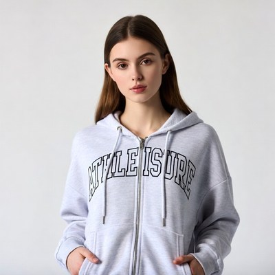 Woman wearing gray hoodie