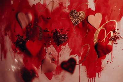 Red hearts on paint splatter background