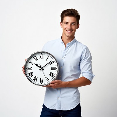 Young man holding large clock