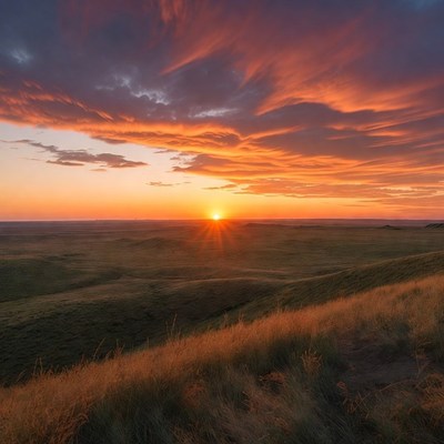 Sunset over grassy prairie hills