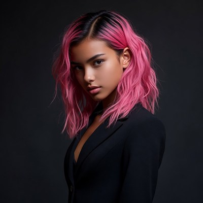 Woman with pink hair in black blazer