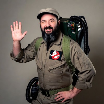 Man waving in Ghostbusters costume