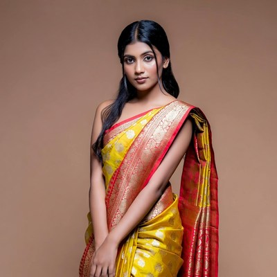Indian woman in yellow silk saree