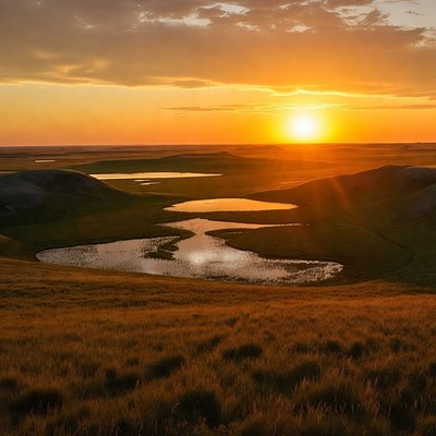 Sunset over grassy hills and ponds
