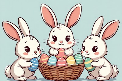 Three Cute Bunnies Holding Easter Basket