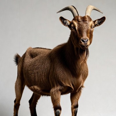 Brown goat with curved horns