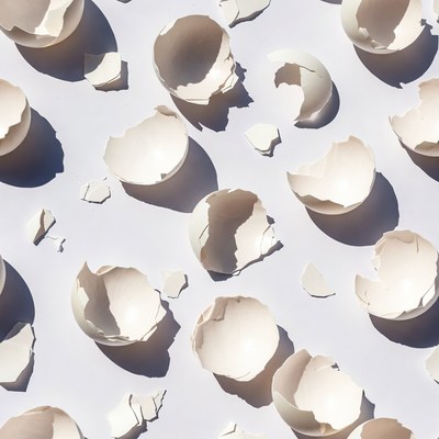 Broken Eggshells on White Background