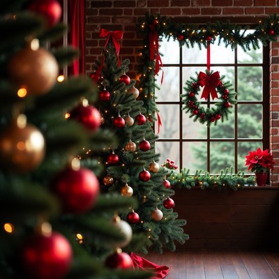 Christmas Trees by Brick Window