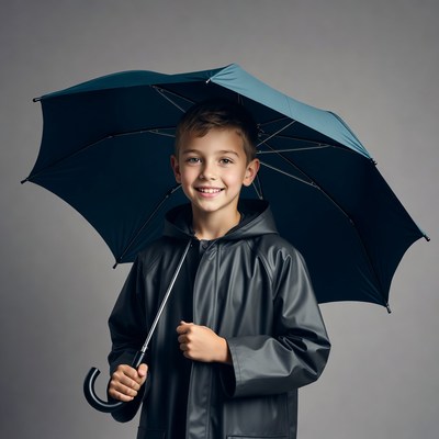 Boy holding umbrella in raincoat