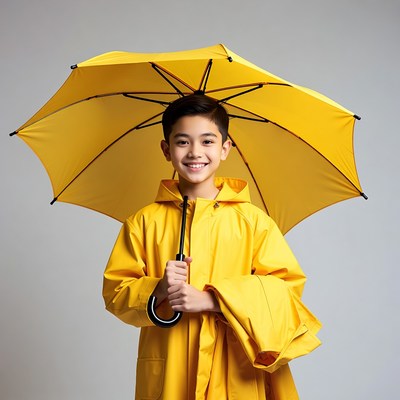 Asian boy with yellow raincoat umbrella