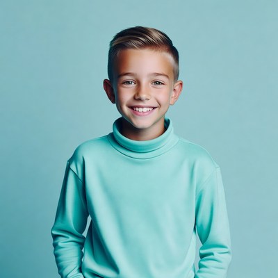 Smiling boy in turquoise turtleneck