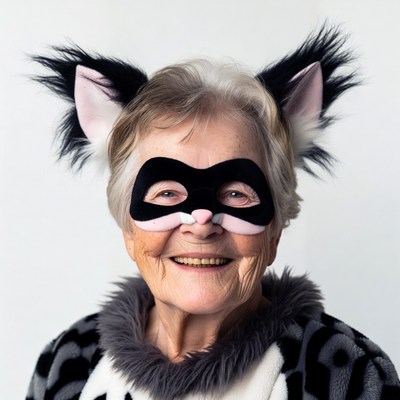 Elderly woman in cat mask costume