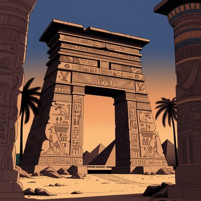 Ancient Egyptian Temple Gate at Sunset
