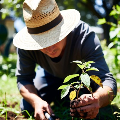 Man planting seedling in garden