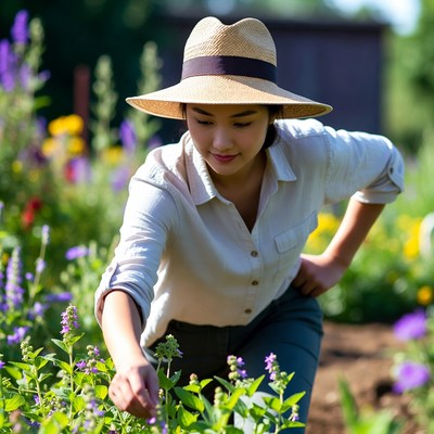Asian woman gardening in flower bed