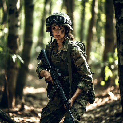 Female soldier with rifle in forest