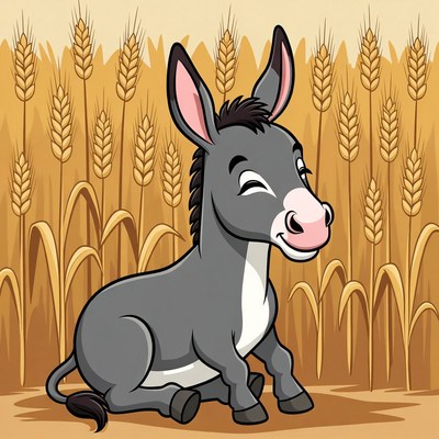 Cartoon donkey in wheat field