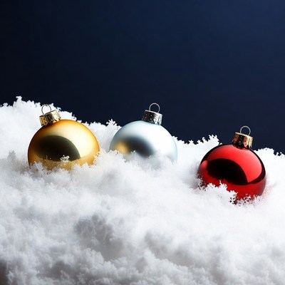 Colorful Christmas baubles on snow