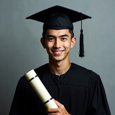 Asian male graduate holding diploma