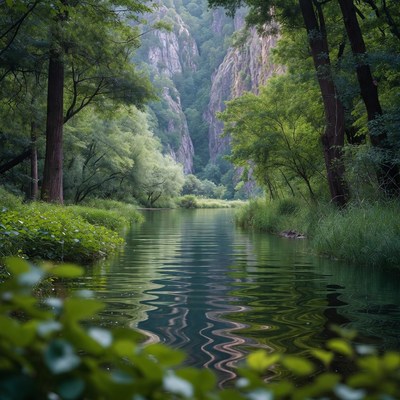 Serene Forest River Between Cliffs