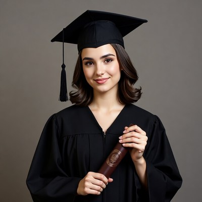 Young woman in graduation gown holding diploma