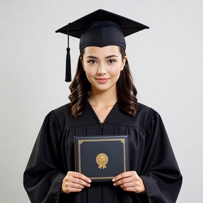 Asian woman holding graduation diploma