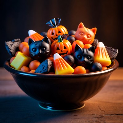 Halloween Candy Corn Pumpkins Black Cats Bowl
