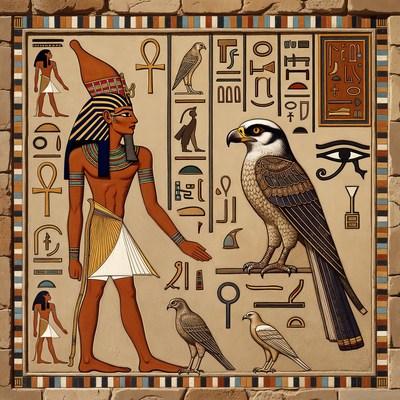Egyptian Pharaoh with Falcon and Birds