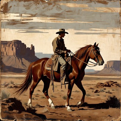 Cowboy riding horse in desert