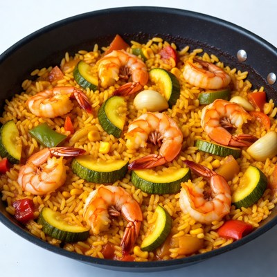 Shrimp Paella in Black Pan