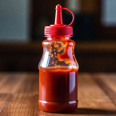 Red Ketchup Bottle on Wooden Table