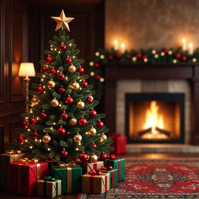 Christmas Tree by Fireplace with Gifts