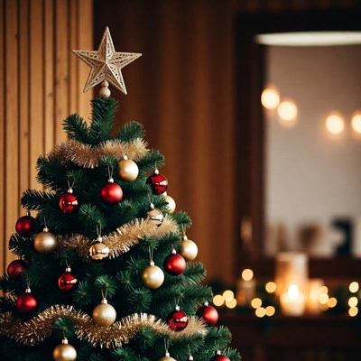 Decorated Christmas Tree with Gold Red Ornaments