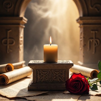Candle with Rose and Scrolls