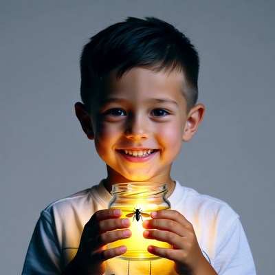 Boy holding jar with firefly