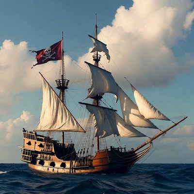 Pirate Ship Sailing on Ocean