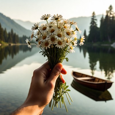 Hand holding white daisies by mountain lake