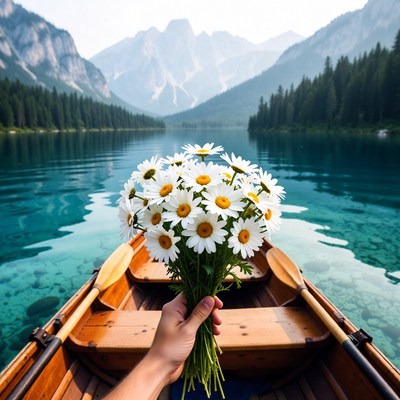 Hand holding daisies in mountain lake canoe