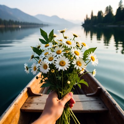 Hand holding daisies in wooden boat