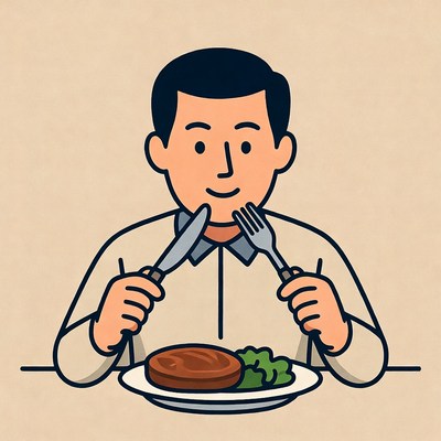 Man eating steak with fork and knife